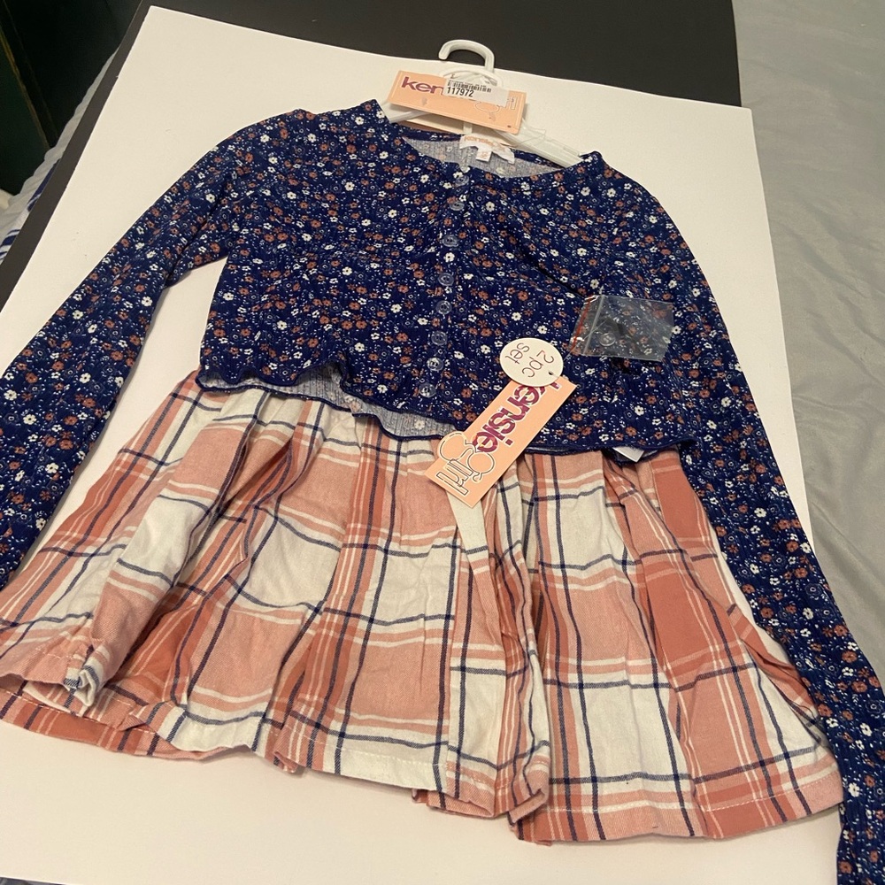 Kensie Girl Navy Floral Top and Peach Plaid Skirt Set